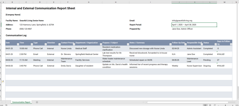 Internal and External Communication Report Sheet