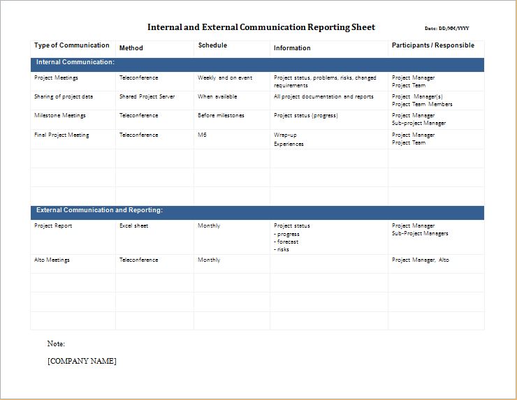 Internal and External communication report sheet