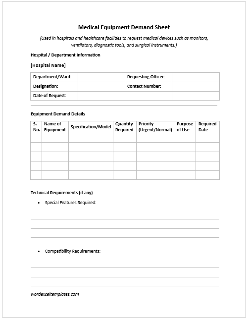 Medical Equipment Demand Sheet