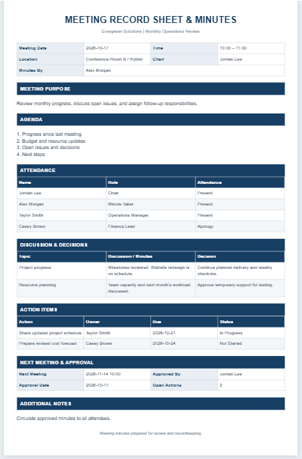 Meeting Record Sheet with Minutes
