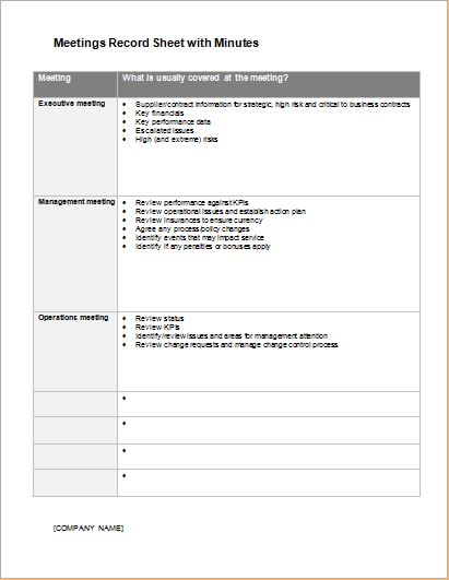 Meeting record sheet with minutes