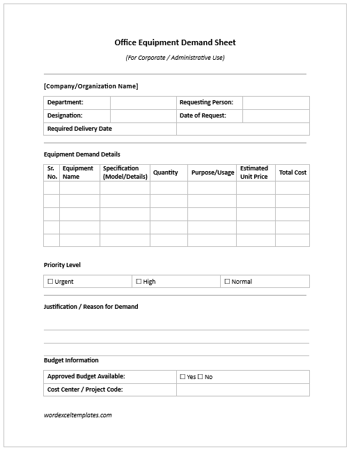 Office Equipment Demand Sheet