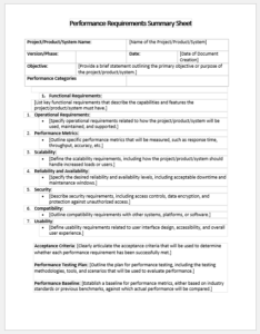 Performance Requirements Summary Sheet