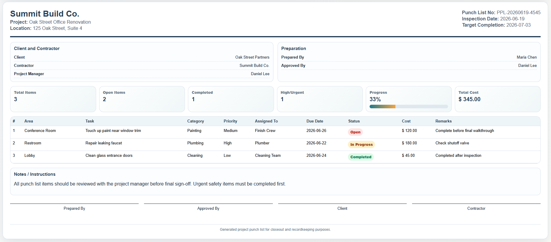 Project Punch List Generator