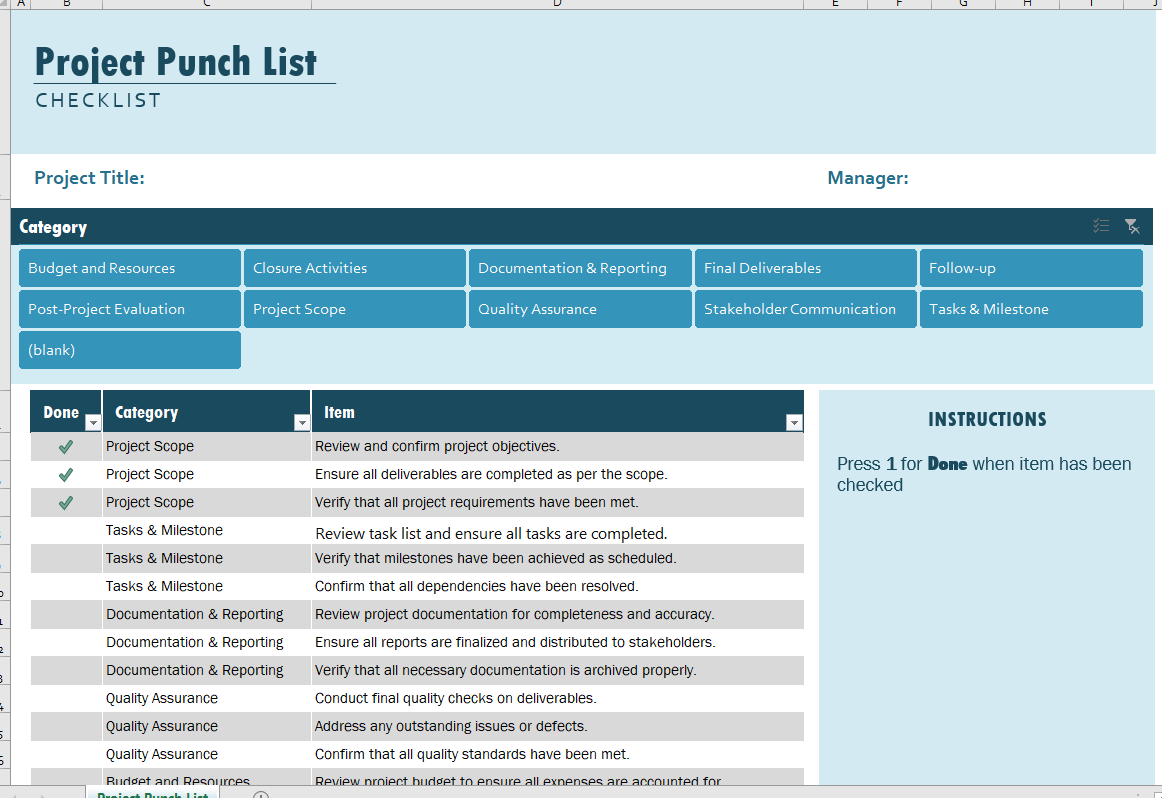 Project punch list template