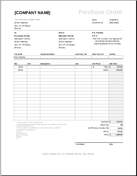 Purchase Order Template for EXCEL
