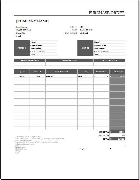 Purchase order template for EXCEL