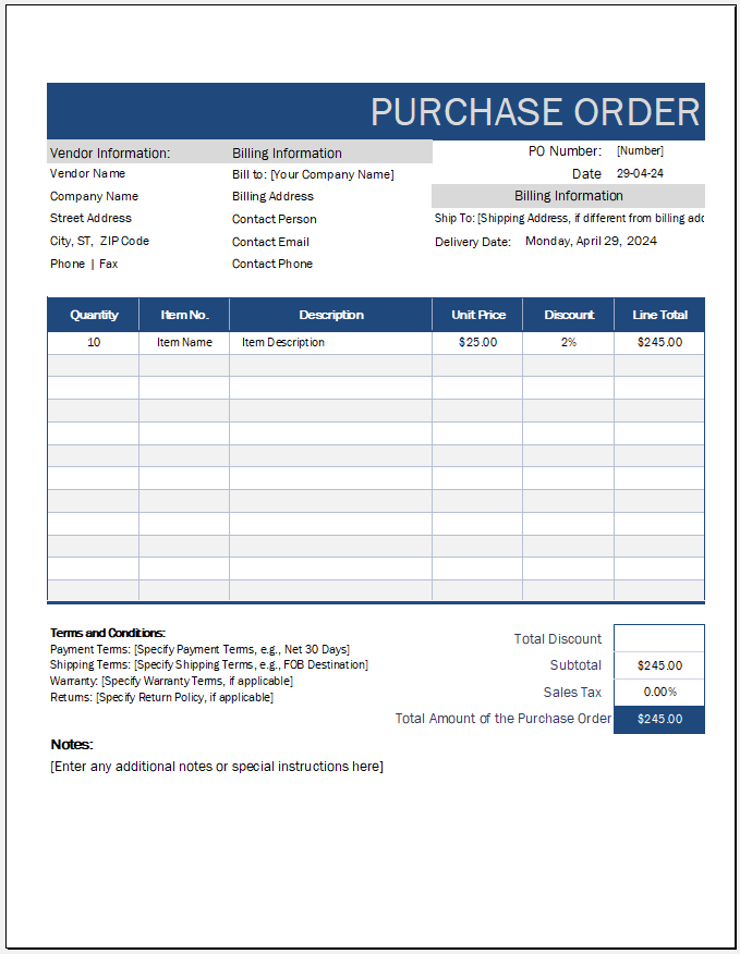 Purchase order template for Excel
