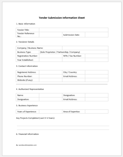 Tender Submission Information Sheet