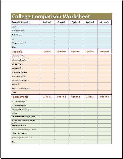 College Comparison Worksheet for MS EXCEL | Word & Excel Templates