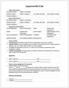 Equipment bill of sale template