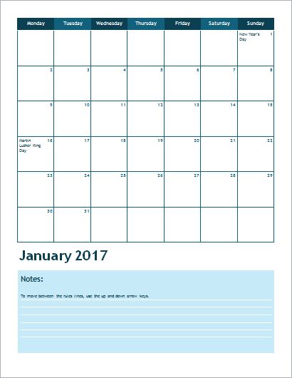 2017 Calendar Excel Template