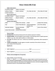 Motor Vehicle Bill of Sale Template