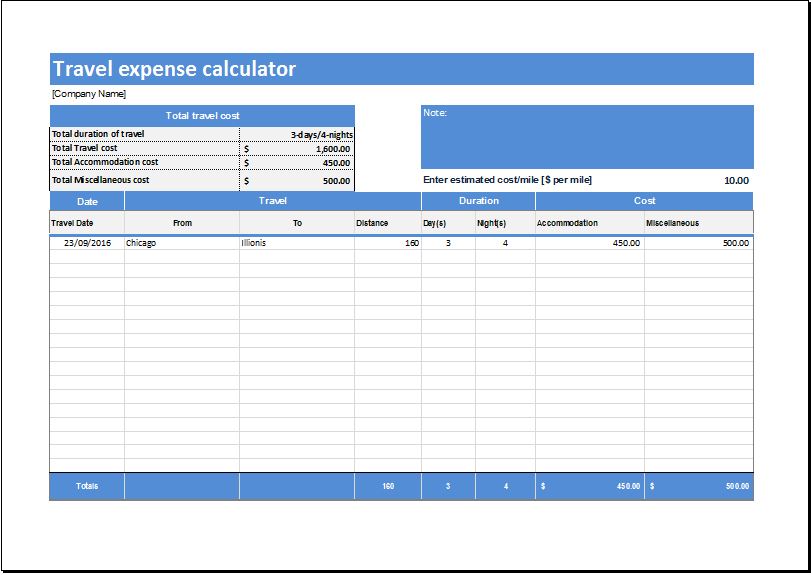 Travel Expense Calculator For Excel Word Excel Templates