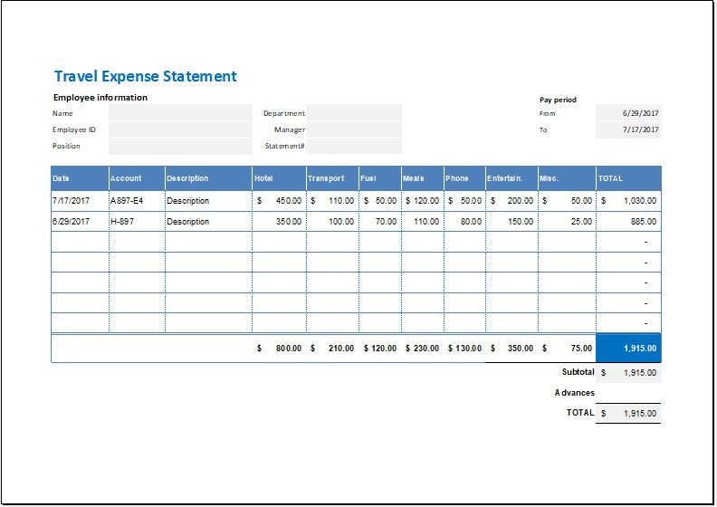 travel expenses format excel