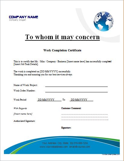 Work Completion Certificate Template for MS Word