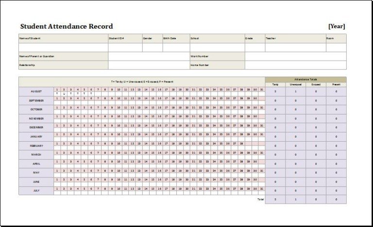Monthly student attendance sheet