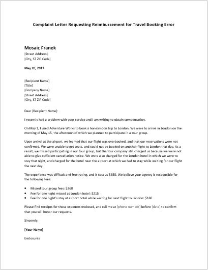 Complaint letter requesting reimbursement for travel booking error