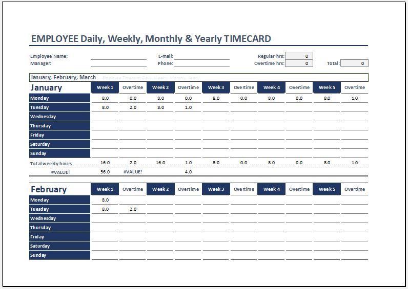 Daily Weekly And Monthly Time Cards For Employees Word And Excel Templates