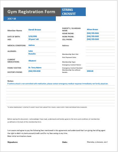 Gym registration form word