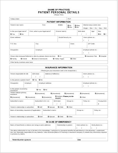 Patient personal details form