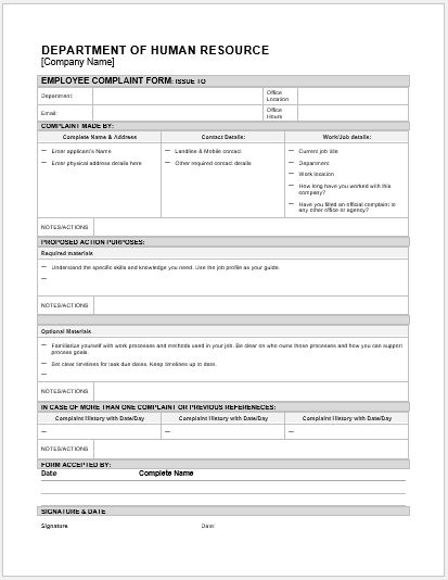 Employee complaint form