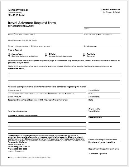 Travel Advance Request form