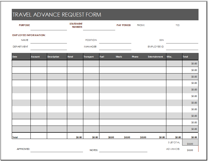 travel advance request form excel