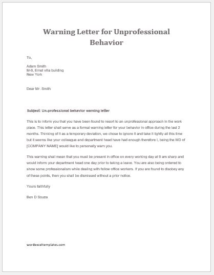 Sample Letter Of Reprimand For Unprofessional Conduct from www.wordexceltemplates.com