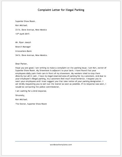 Complaint Letter for Illegal Parking  Word & Excel Templates