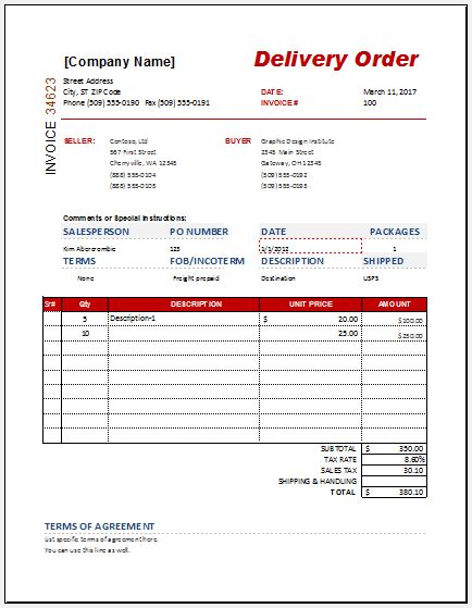 Delivery order form template