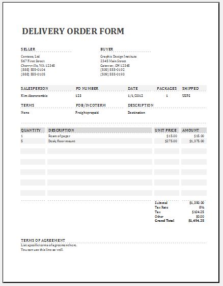 Delivery Order Form Templates For Ms Word Excel Word Excel Templates