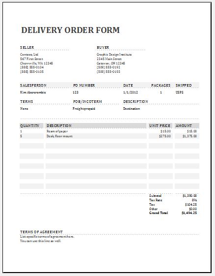 Delivery order form