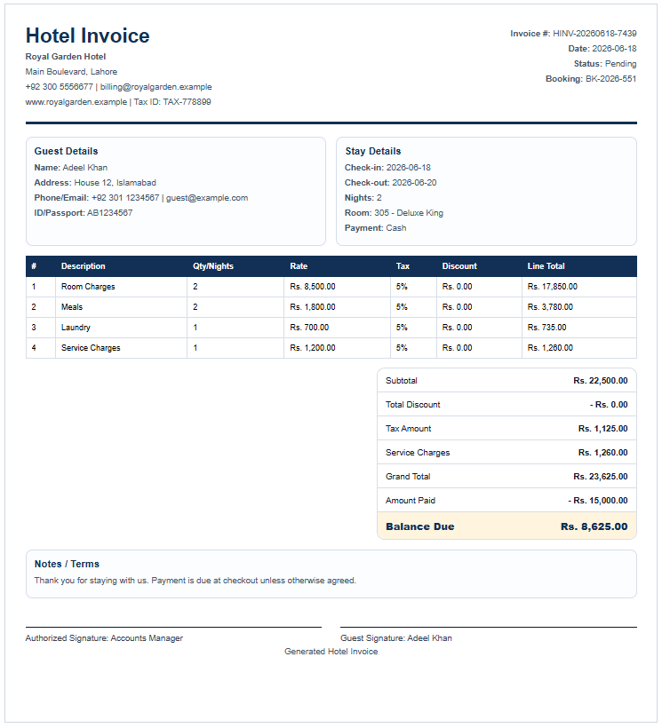 Hotel invoice template