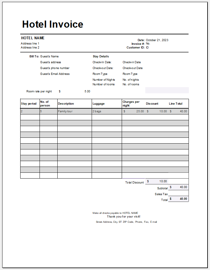 Hotel invoice template