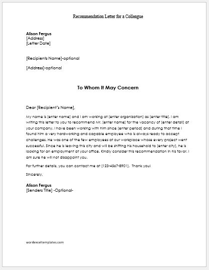 Recommendation Letter for a Colleague
