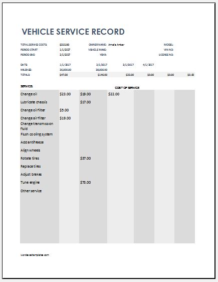 Vehicle service record template