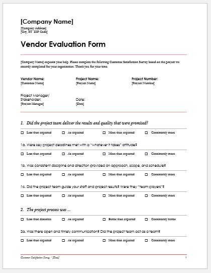 Vendor Evaluation Form Template