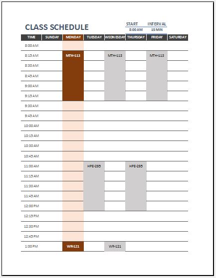 Class Timetable Sheet for Students