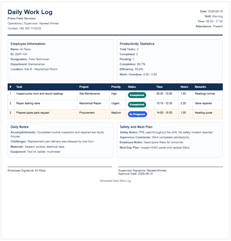 Daily Work Log Template