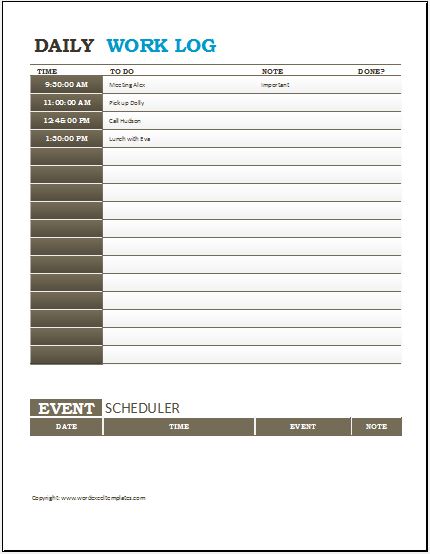 Work Log Template from www.wordexceltemplates.com