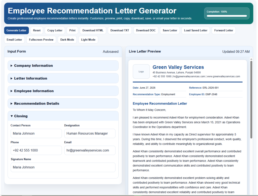 Employee Recommendation Letter Template