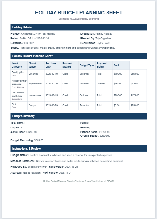 Holiday Budget Planning Sheet