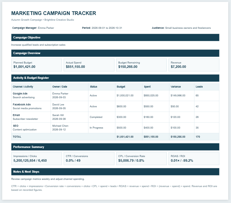 Marketing Campaign Tracker Template