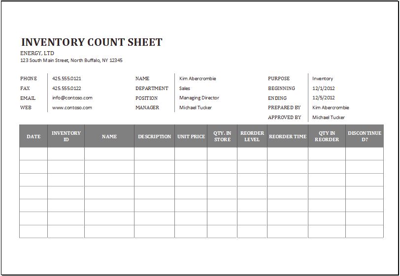 Inventory count sheet for Excel