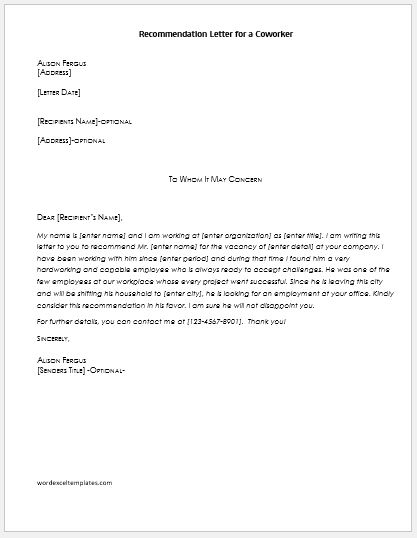 Reference Letter For Coworker from www.wordexceltemplates.com