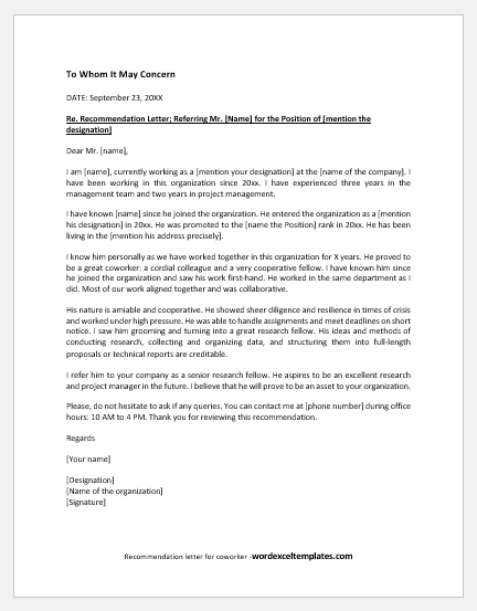 Recommendation letter for coworker