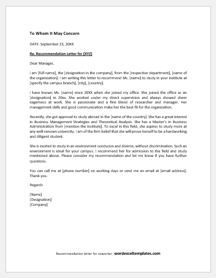Recommendation letter for coworker