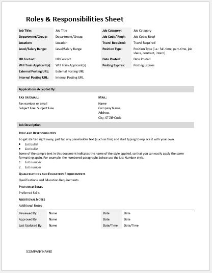 Roles and Responsibilities Sheet