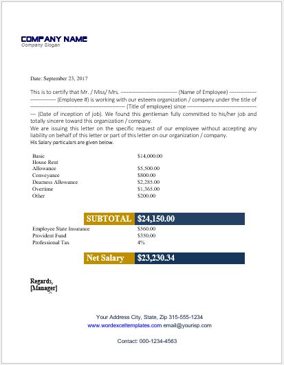 Employee Salary Certificate for MS Word